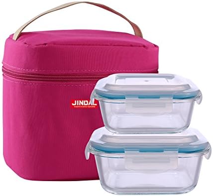 Jindal Microwaveable Borosilicate Glass Square Container S/2 520 &amp; 800 Ml W/Lid &amp; Pink Lunch Bag