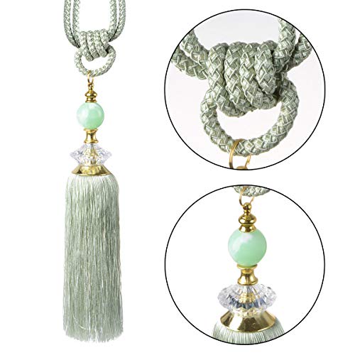 MXCELL Curtain Tiebacks Crystal Beaded Curtain Holdbacks Curtain Buckle Tassel Fringe Home Decorative 2pcs (Green) - Thumbnail 2