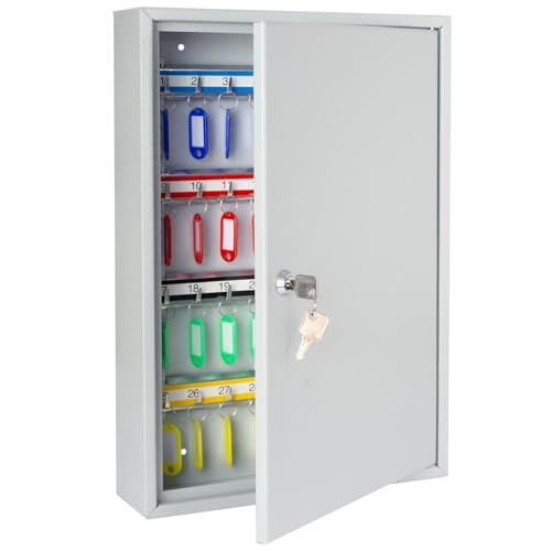 HMF Schlüsselschrank aus Stahl, abschließbarer Schlüsselkasten für Büro, Verwaltung oder Fuhrpark | 64 Schlüsselhaken | 45 x 30 x 8 cm | Lichtgrau