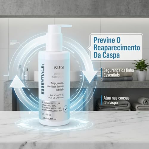 B.URB Essentials Shampoo Anti Caspa Tratamento Para Dermatite Seborreica Dermocosmético Capilar Profissional Com Piroctona Olamina pH Balanceado Higienizador Purificante Refrescante