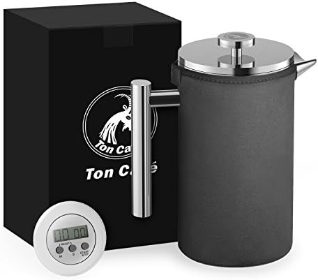 French Press Coffee Maker (1 Liter, 34Oz) with Coffee Cozy and Timer, Double Wall Vacuum Insulated Stainless Steel Press Pot for Coffee and Tea, Gray Cosy