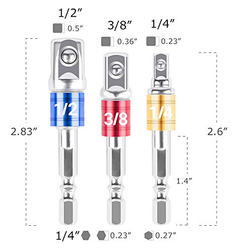 Impact Grade Socket Adapter/Extension Set, Turns Power Drill Into High Speed Nut Driver, [3 in a Pack] 1/4", 3/8", and 1/2" Drive, Socket to Drill Adpater for Impact Drivers, Best Tools Gift for Men - Thumbnail 3