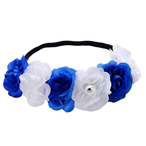 Challyhope Exquisite Flower Crown Hair Garland Flower Wreath Hairband for Wedding Festivals (Blue & White)