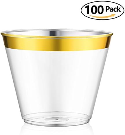 FeiYen Gold Plastic Cups for Party Decorations, 9 Oz Clear Disposable Cups Old Fashioned Tumblers, Elegant Gold Rimmed Cups for Wedding bride shower, Graceful Party Cups with Gold Rim - 100 Pack
