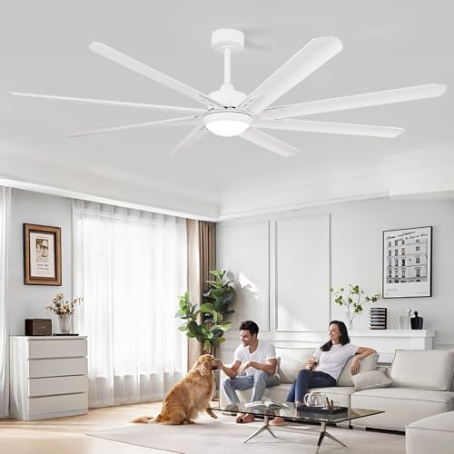XSXUDODP Ceiling Fans 185 cm with Light, White Outdoor Ceiling Fan with Lighting and Remote Control, 8 Aluminium Blades, 6 Speed, Reversible DC Motor, White