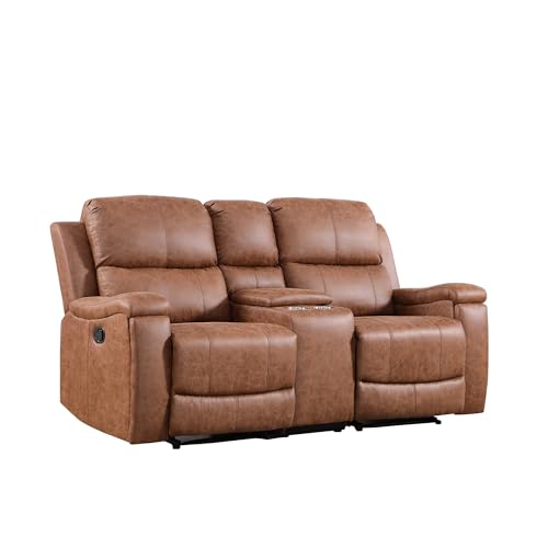 CANMOV Leather Recliner Loveseat, Manual Reclining Sofa with Hidden Cup Holders & Storage Console, Padded Headrest & Lumbar Support Recliner Couch for Living Room, Home Theater, Brown (Loveseat)