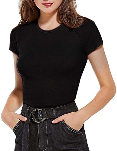 Women's Crewneck Short Sleeve Bodysuit Basic Button Down Ribbed Knitted Leotard Solid Bodycon Tops
