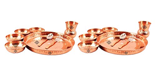 IndianArtVilla Hammered Traditional Copper Dinner Thali Set, Tableware, 16 Pieces, Service for 2