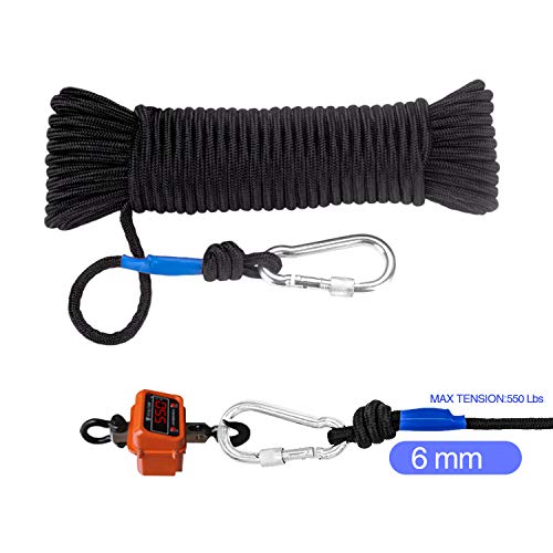 Wukong Fishing Magnet Rope w/Carabiner, 6MM x 20M(65ft) Nylon Twisted Braided Rope,550 Lbs Breaking Strength All-Purpose Braided Rope Sports, Pet Toys, Crafts & Indoor Outdoor Use