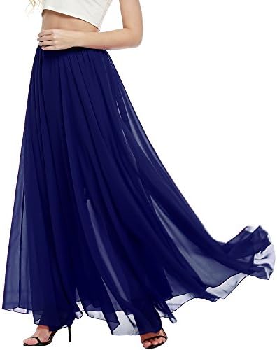 FashionShop365 Women's Solid Polka Dot Print Maxi Chiffon Long Summer Beach Skirt (S, Dark Blue)