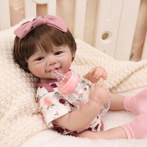 Bebê Reborn Boneca Realista Menina de Silicone Olhos Castanhos Pintado Pode dar Banho (Menina Boneca 48cm)