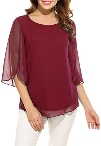 Women's Casual Half Ruffle Sleeve Round Neck Chiffon Blouse Tunic Shirt Tops
