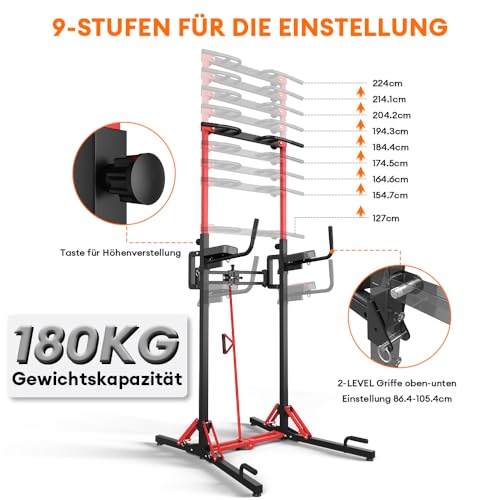 ONETWOFIT Freestanding Folding Pull Up Bar Power Tower Dip Station, Adjustable Height, 127-224CM Multifunctional Home Electric Station,Space Saving,Detachable