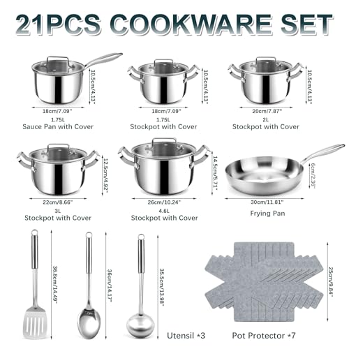 Fruikit 21P Stainless Steel Pots and Pans Set - Professional Induction Hob Cookware Set - Tri-Ply Base 30 cm Saucepan Set, 18 cm Saucepans & 18/20/22/26 cm Casserole - Non-Toxic Pot Set for Kitchen