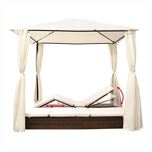 Sunlounger, Double Sun Lounger with Curtains Poly Rattan Brown - Thumbnail 4
