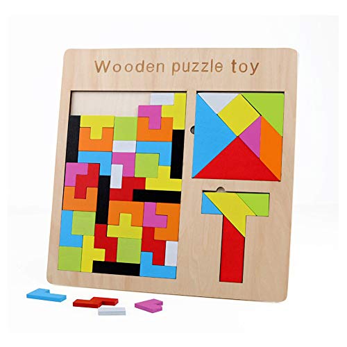 GEMEM 3 in 1 Wooden Tetris Puzzle Brain Teasers Toy Tangram Jigsaw Intelligence Colorful 3D Russian Blocks Game Montessori Toys for Children and Adults
