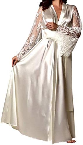 Gallity Women’s Satin Silk Lace Full Slip Silk Nightdress Long Sleepwear Robe (M, White)