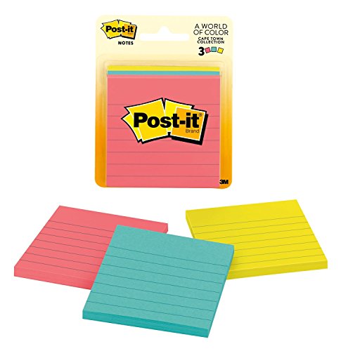 Post-it Notes, America’s #1 Favorite Sticky Note, 3 in x 3 in, Cape Town Collection, Lined, 3 Pads/Pack,50 Sheets/Pad (6300)