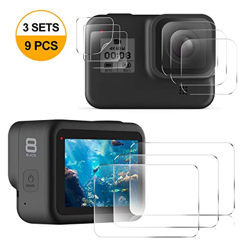 EZCO Screen Protector Compatible with GoPro Hero 8, [3 Sets/9Pcs] Waterproof Ultra Clear Tempered Glass Screen Protector + Tempered Glass Lens Protector + Small Display Film for GoPro Hero 8 Black