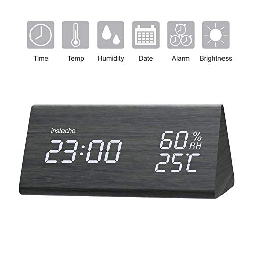 Elenest Instecho Digital Alarm Clock, Wooden Led Alarm Clock With