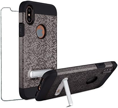 uPrimor Mosiac Car Mount 2 Layer PC+TPU Magnetic Kickstand Phone Case for iPhone x With Free 9H Hardness Glass Screen Protector (Gray)
