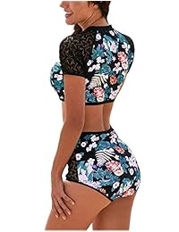 Momodani Trajes de baño de dos piezas para dama con parte inferior de encaje de talle alto y parte superior de bikini floral
