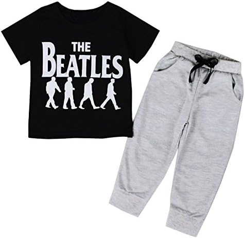 Sziyu 2pcs Kids Baby Boys "The Beatle" Letter Printed Short Sleeve+ Pants Set Outfits Clothing (1-2Y, white)