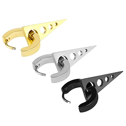 Charisma Stainless Steel Hoop Earrings for Men Cross Triangle Awl Taper Rivets black earrings(3 Pairs-Gold Plated/Steel/Black)