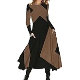 Women's Long Sleeve Geometric Color Block Maxi Dress with Pockets, Casual Loose Flowy Dress for Urban Daily Wear