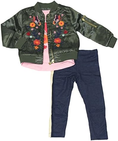 Flapdoodles Little Girls 3 Piece Clothing Set - Embroidered Bomber Jacket, Short Sleeve Shirt &amp; Leggings (Green/Pink, 5)