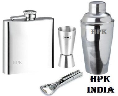 HPK Bar Accessories-Cocktail Shaker Hip Flask PEG Measure Glass Bottle and CROCKSCREW Opener