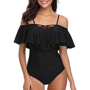Holipick Women Off Shoulder One Piece Swimsuits Tummy Control Bathing Suits Vintage Ruffle Swimwear Teen Girls