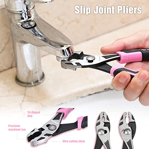 WORKPRO 4-Piece Pliers Set, Premium CR-V Construction Pliers Tool Sets Including Long Nose, Diagonal Cutting, Groove Joint and Slip Joint Pliers(Pink Ribbon)