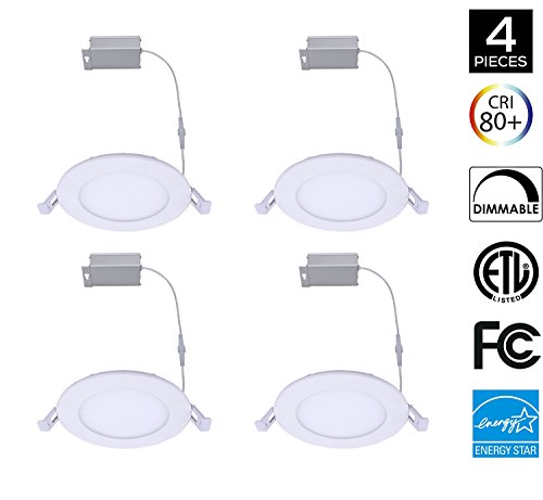 4Pack 4inch 8W Round LED Recessed Panel Ceiling Light IC Rated With Junction Box, Dimmable 5000K Daylight White 690LM, ETL Approved