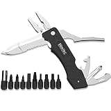 BlizeTec Multitool Pocket Knife Pliers: 15 Functional Tools with Shape Drop Point Serrated Edge Folding Knife, Multi Pliers, Can/Bottle Opener, Phillips Screwdriver, Bit Holder & 9 Utility Sets