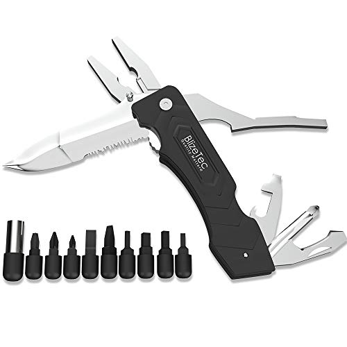 BlizeTec Multitool Pocket Knife Pliers: 15 Functional Tools with Shape Drop Point Serrated Edge Folding Knife, Multi Pliers, Can/Bottle Opener, Phillips Screwdriver, Bit Holder & 9 Utility Sets