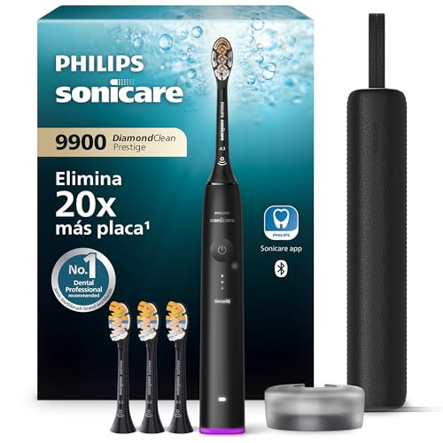 Philips Sonicare DiamondClean 9900 Prestige cepillo dental eléctrico, con SenseIQ y app, 5 modos, 3 intensidades, estuche de viaje cargador, negro, modelo HX9992/43, Negro, 4 Cabezales