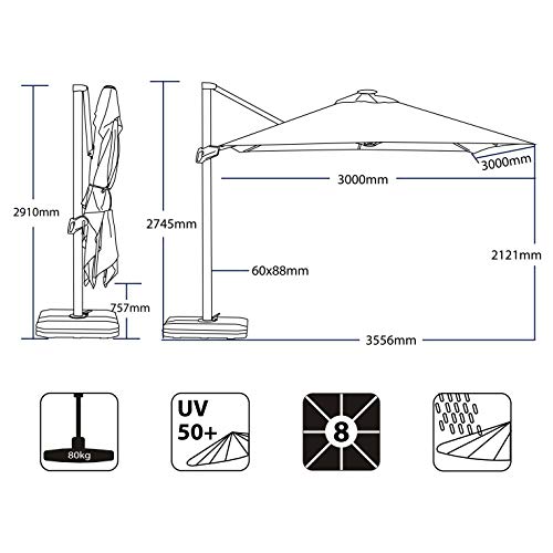 Sekey Ampelschirm 300 x 300 cm Aluminium-Sonnenschirm mit ständer Marktschirm Gartenschirm Terrassenschirm Kurbelschirm… – Bild 7