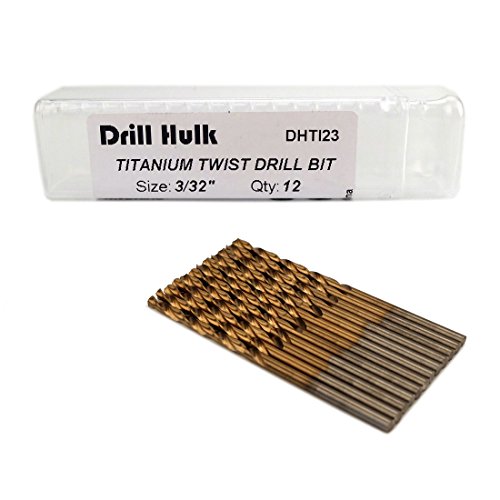 Pack of 12, 3/32-Inch Titanium Nitride Coated Drill Bit, High Speed Steel, Jobber Length, for Metal, Plastic, Wood
