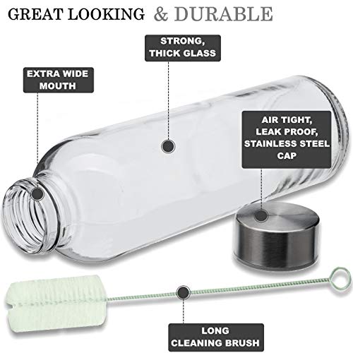 Brieftons Glass Water Bottles: 6 Pack, 18 Oz, Stainless Steel Leak Proof Lid, Premium Soda Lime, Best As Reusable Drinking Bottle, Sauce Jar, Juice Beverage Container, Kefir Kit - With Cleaning Brush