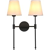 PERMO Classic Rustic Double Sconce 2-Lights Wall Sconce Lighting Fixture with Flared White Textile Lamp Shade and and Black F