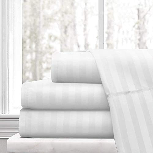 Bed 4 PCs Sheet Set -100% Egyptian Cotton - 400 Thread Count - 22 inch Deep Pocket of Fitted Sheet - White Stripe, Queen Size.