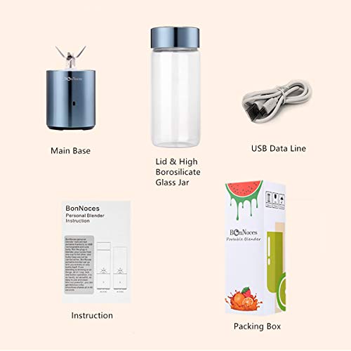 BonNoces Portable Personal Blender, USB Rechargeable Glass Juicer Cup, Six Blades in 3D, 400ml with Travel Lid Small Fruit Blender for Shakes and Smoothies