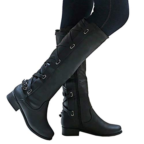 Meilidress Women Boots Winter Tall Riding Leather Strappy Flat Black