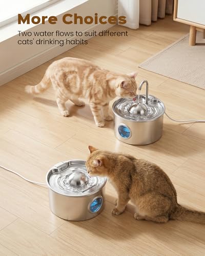 Stainless Steel Cat Fountain: Water Fountain for Cats – 2.6 L – Stainless Steel Cat Fountains – Ultra Quiet Dog Water Dispenser – Easy to Clean – with 8 Filters + 8 Sponges