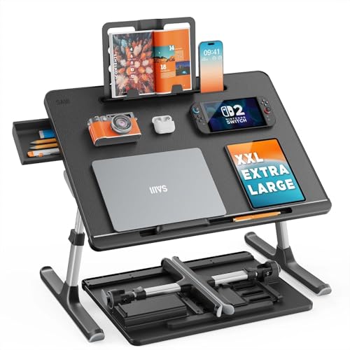 Laptop Tisch, SAIJI 60 * 45cm groß Desktop, Multifunktion Bett Tisch, Höhen Winkel verstellbar, mit Buchständer, Schublade, Lap Stopper, Tablet Schlit