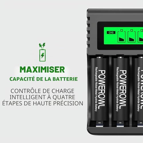 POWEROWL 4 Slots Chargeur Piles Rechargeable Charge Rapide pour AA AAA Rechargeable avec Port USB