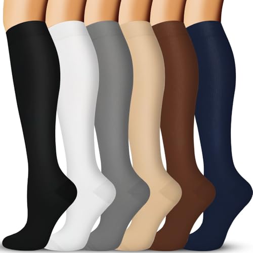 LONGLIV 4/6 Pares Calcetines de Compresión para Hombres y Mujeres, 15-20 mmHg, Calcetines de Compresión Deportiva para Varices, Embarazo, Viajar, Correr, Fitness, Enfermeras, Edema