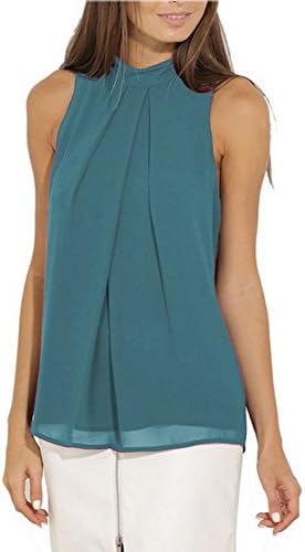 ELLEFAN Women Summer Chiffon Sleeveless Blouse Tank Top High Neck Shirt Peacock Blue