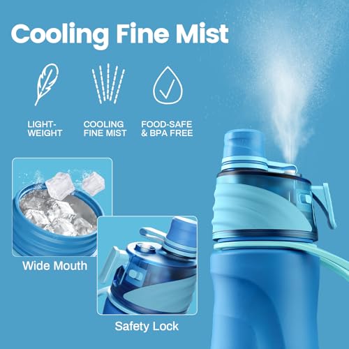 magcheer 750ml Insulated Metal Spray Water Bottle | Stainless Steel Water Bottle with Spray Mist | Leakproof Misting Drinking Bottle for Cycling Hiking Outdoor Sport Hydration Cooling(Blue)